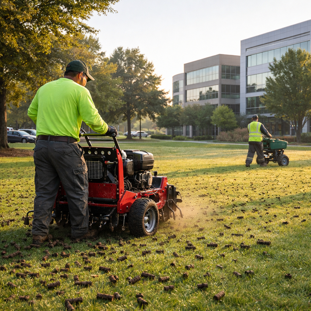 Commercial landscaping crew using a core aerator and fertilizer spreader on a lawn at a Morrisville office park.