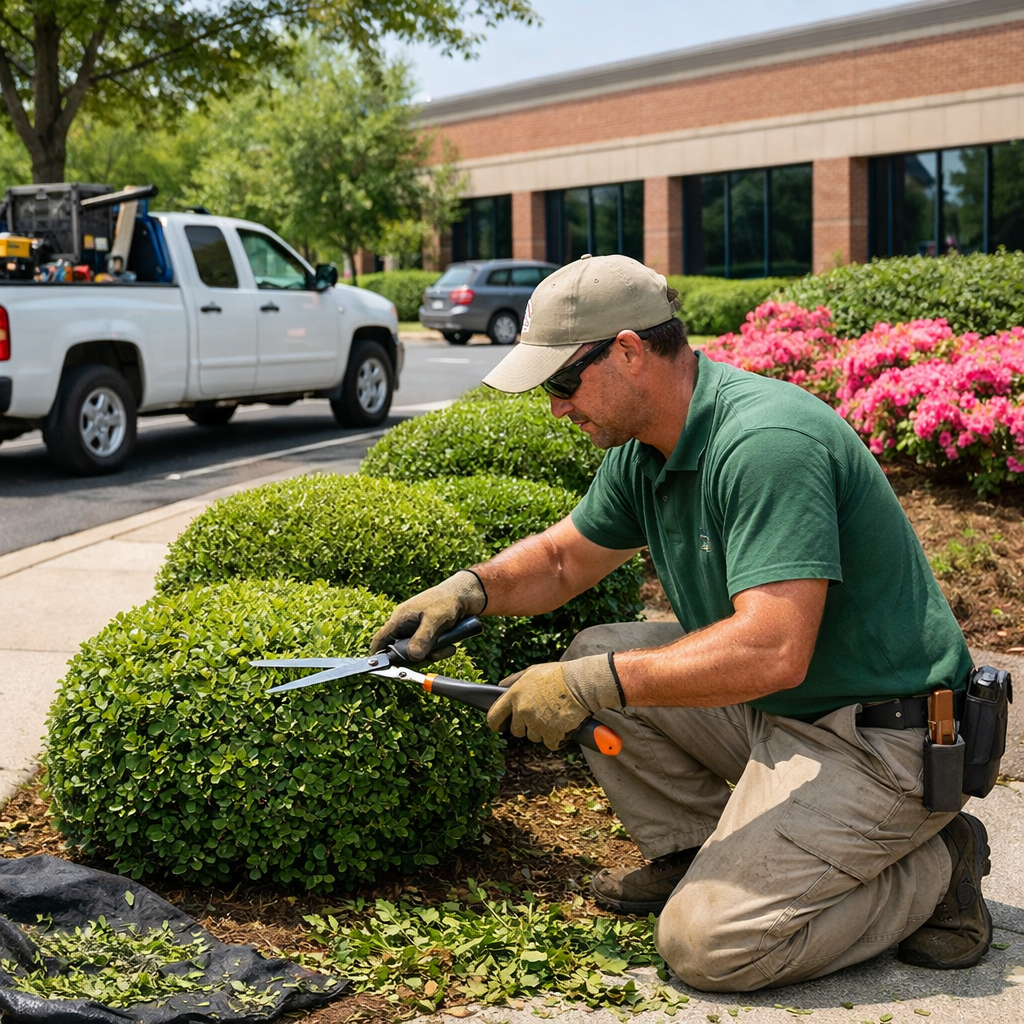 Commercial landscaper trimming ornamental bushes along a sidewalk in a Garner, NC office park, with a service truck and building in the background.