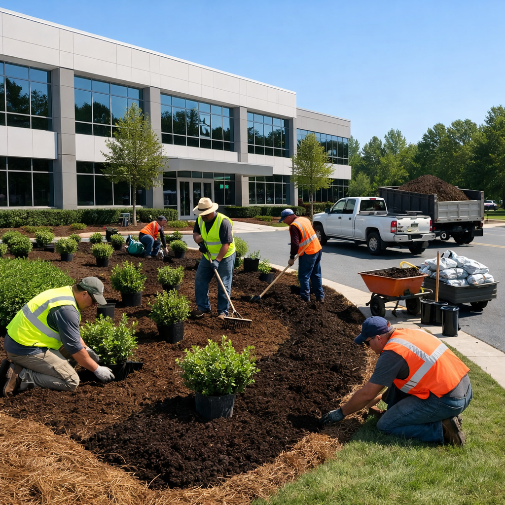 Commercial landscaping crew planting shrubs and spreading mulch in front of a suburban Wake Forest, NC office building during a renovation.