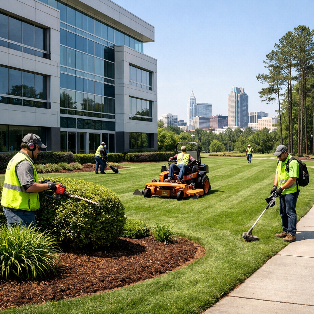 Landscaping crew mowing and trimming a commercial lawn with mulched beds in front of an office building in Raleigh, NC.