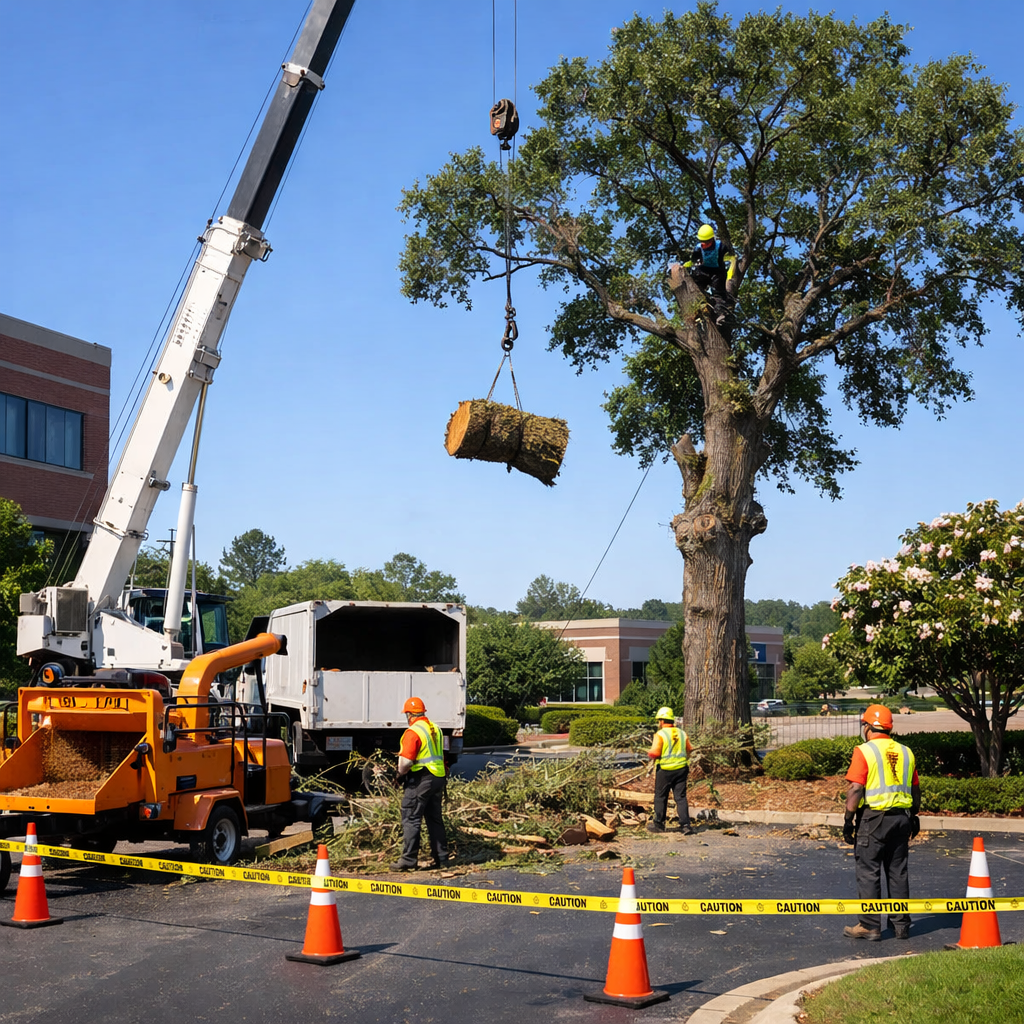Commercial crew removing a large tree from a business park near Holly Springs, using crane and chipper with safety barriers in place.