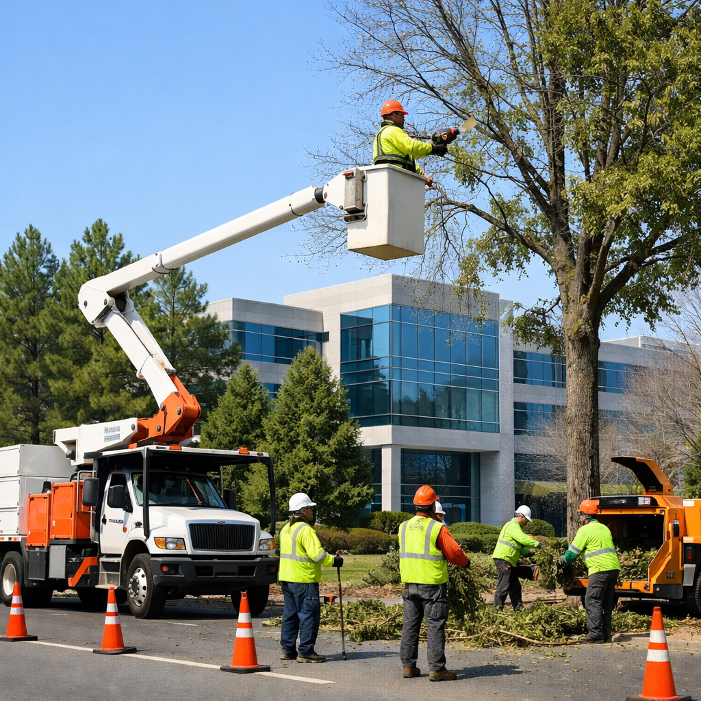 Commercial tree trimming crew using a lift to trim trees in front of an office park in Cary, NC
